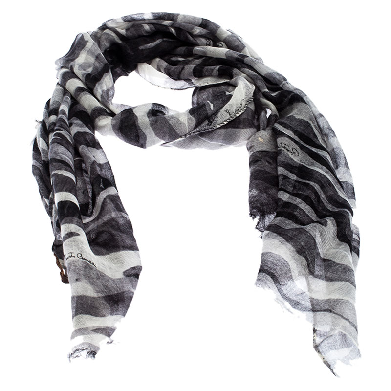 

Roberto Cavalli Grey Camouflage Print Cashmere and Silk Scarf