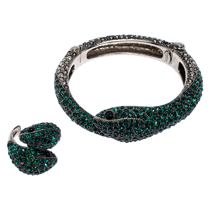 

Roberto Cavalli Green Crystal Embellished Serpenti Bracelet and Ring Set