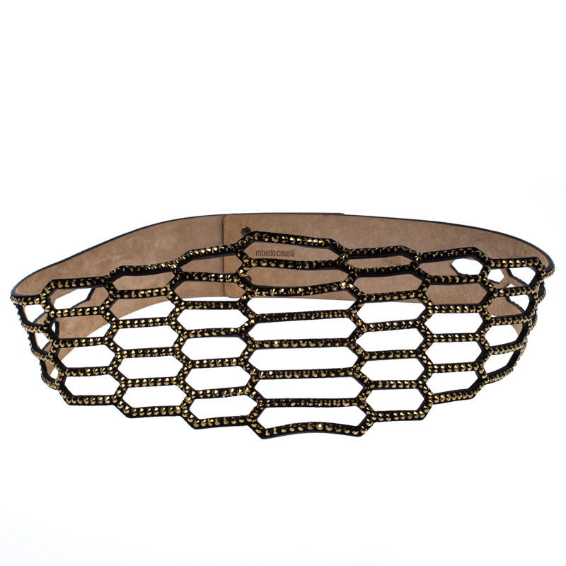 Pre Owned Roberto Cavalli Black Laser Cut Embellished Suede Waist Belt 80CM