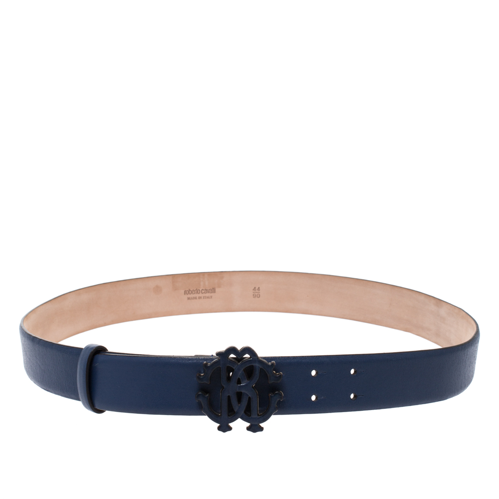 مملوكة مسبقًا Roberto Cavalli Blue Leather Logo Buckle Belt 90 CM