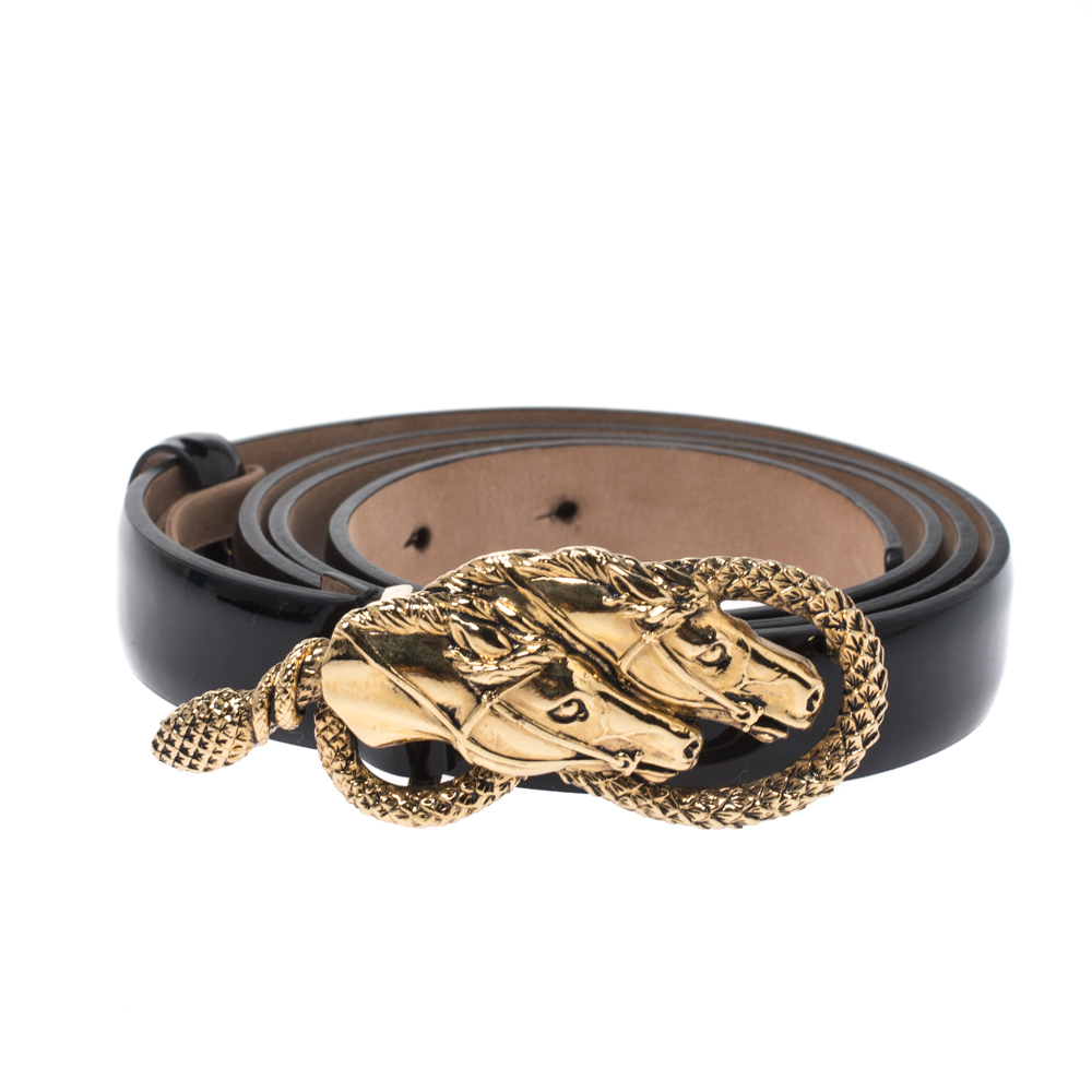 

Roberto Cavalli Black Patent Leather Horse Buckle Belt