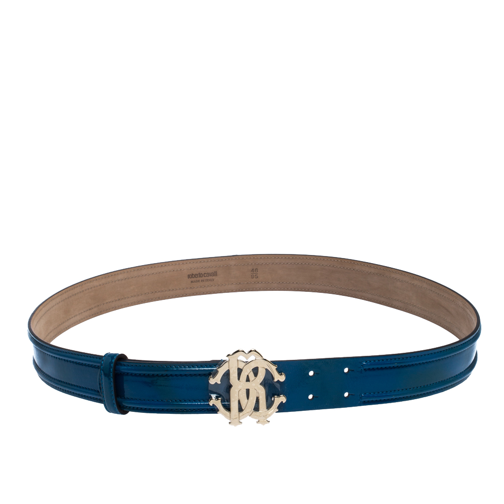 Pre Owned Roberto Cavalli Blue Patent Leather Logo Buckle Belt 95CM