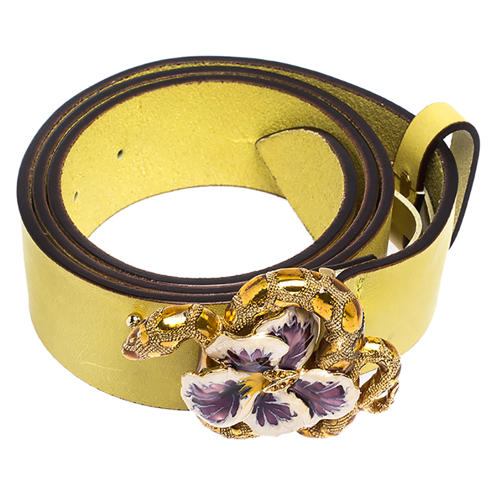 

Roberto Cavalli Yellow Leather Flower Snake Buckle Belt