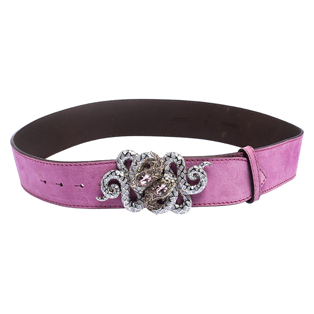 Pre Owned Roberto Cavalli Pink Suede Serpent Buckle Belt 95CM