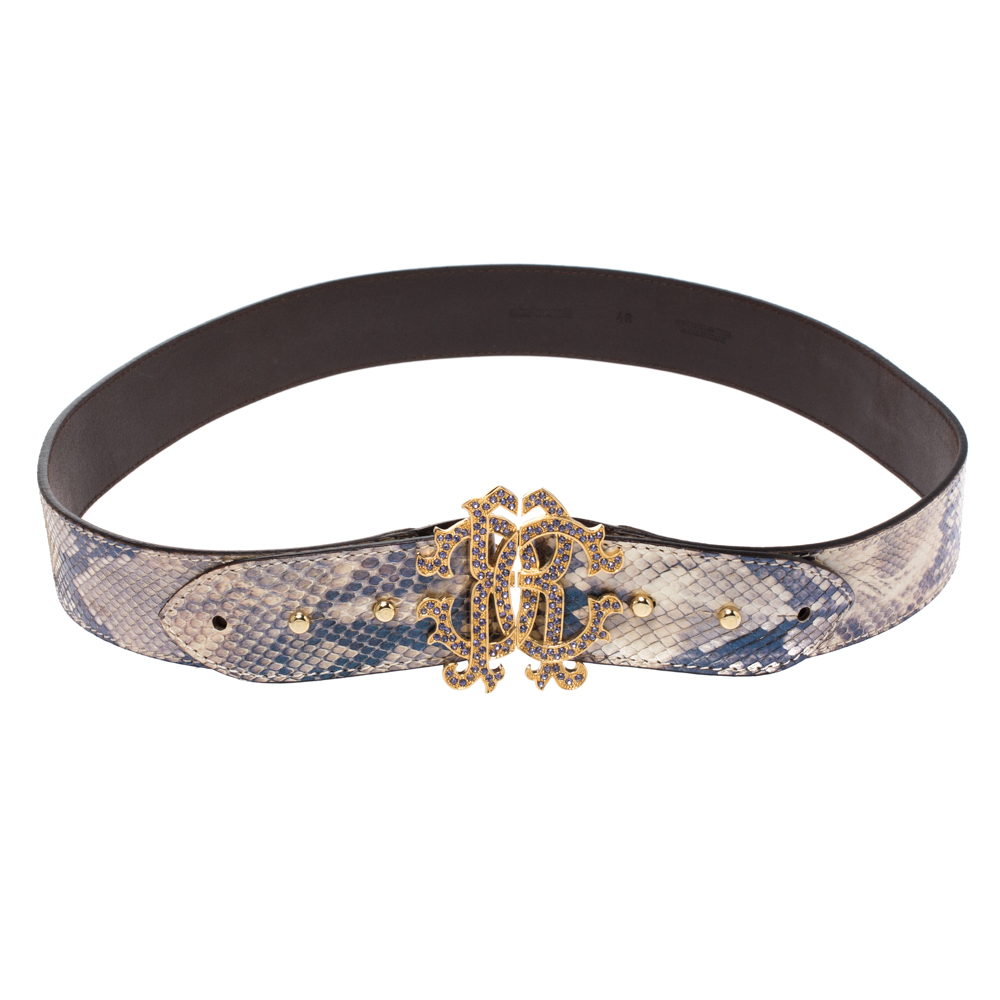 Roberto Cavalli Beige Iridescent Python Logo Buckle Belt 95CM Roberto ...