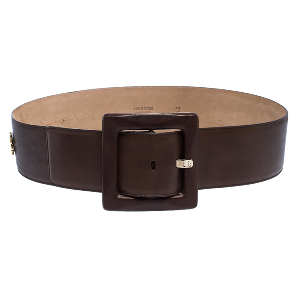 مملوكة مسبقًا Roberto Cavalli Brown Leather Square Buckle Waist Belt 90CM