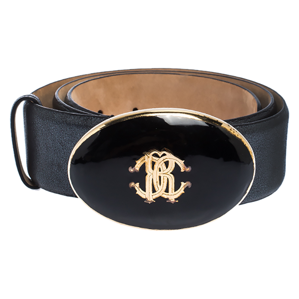 

Roberto Cavalli Metallic Grey Leather Resin Buckle Belt