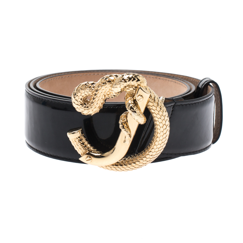 

Roberto Cavalli Black Patent Leather Snake Buckle Belt