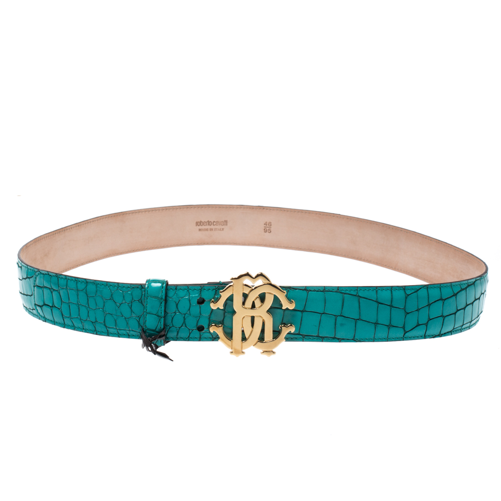 Pre Owned حزام روبرتو كافالي إبزيم شعار الماركة جلد تمساح بارز فيروزي 95 سم