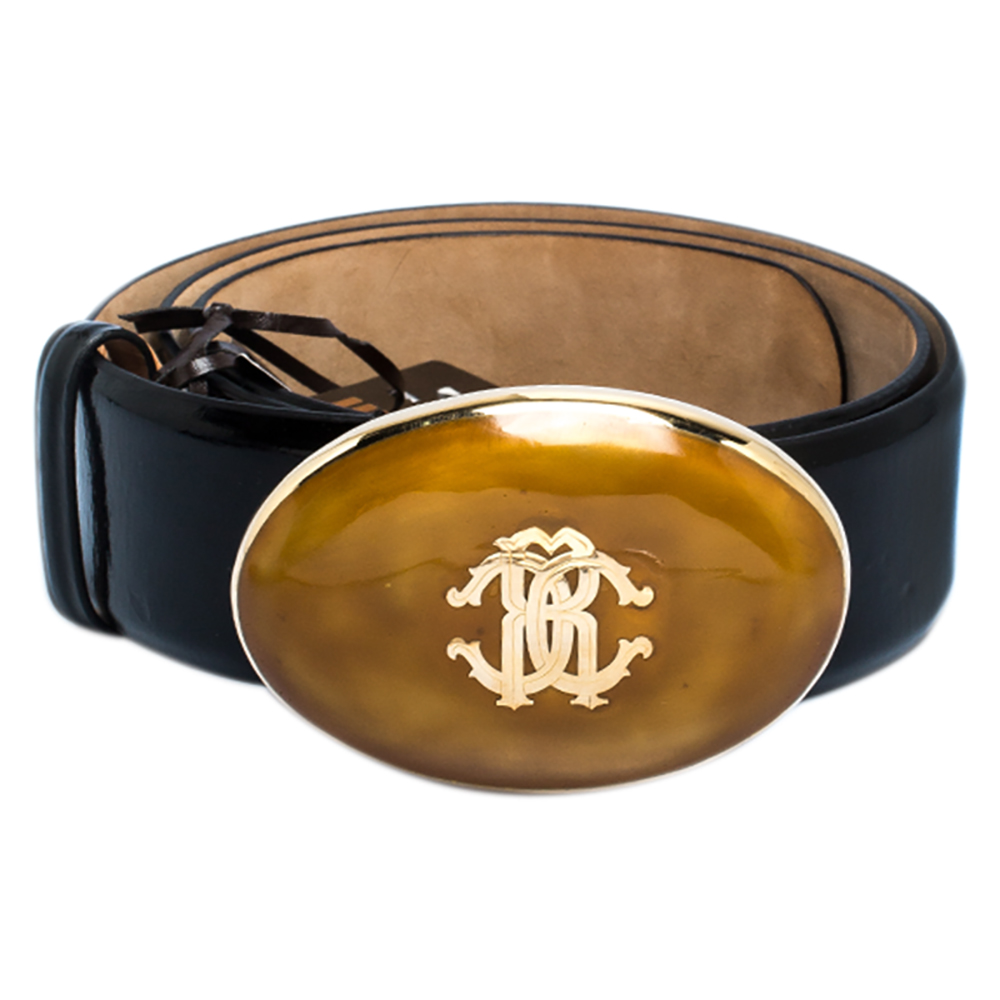 

Roberto Cavalli Black Cracked Patent Leather Resin Buckle Belt