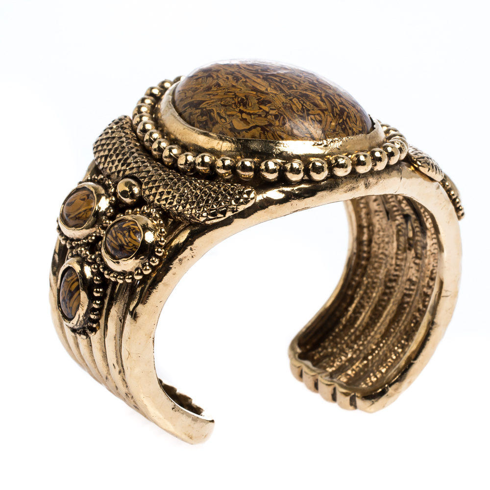 

Roberto Cavalli Aged Gold Tone Etched Cabochon Open Cuff Bracelet