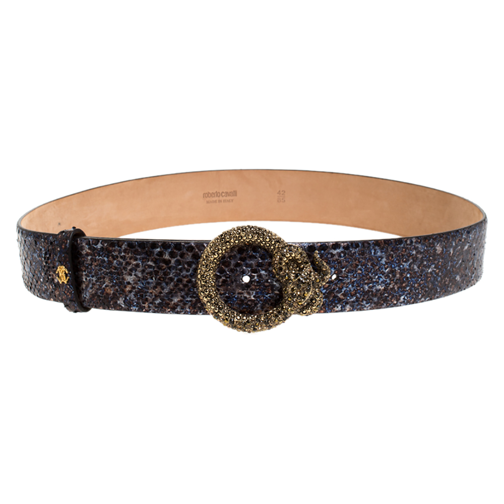مملوكة مسبقًا Roberto Cavalli Blue Snakeskin Effect Leather Buckle Belt 85CM