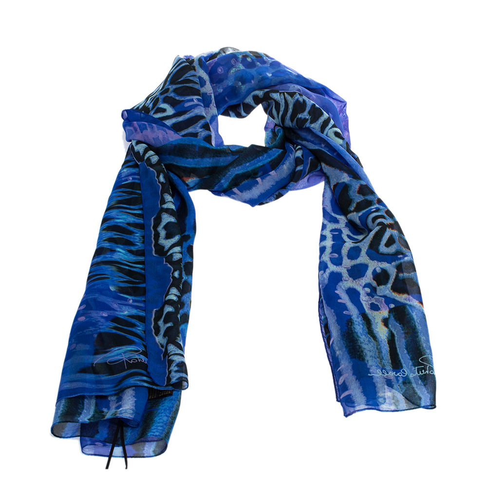 

Roberto Cavalli Blue Animal Printed Silk Scarf