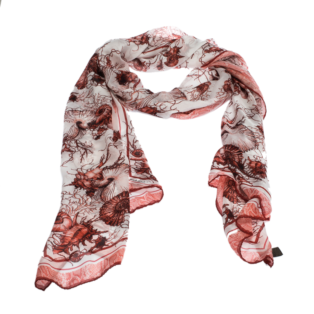 

Roberto Cavalli Red & White Coral Reef Print Silk Scarf