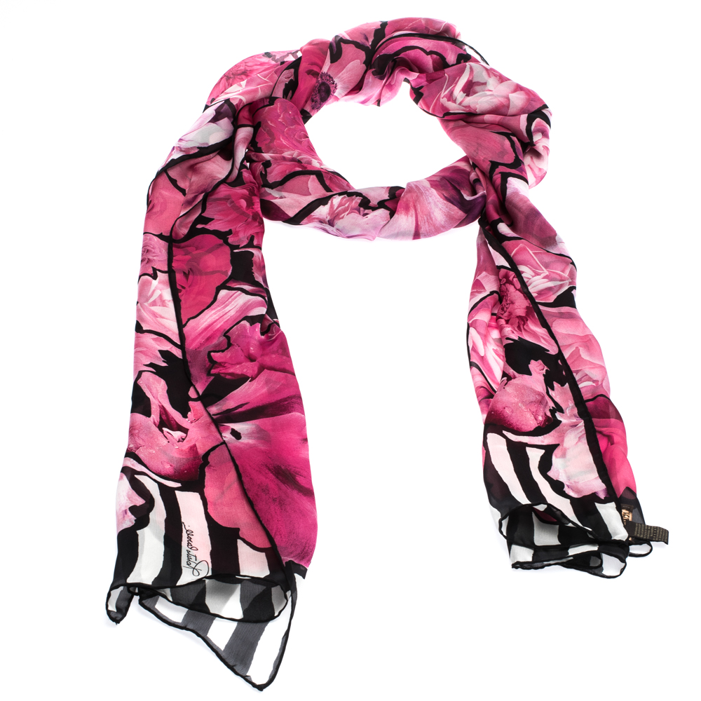 

Roberto Cavalli Black & Pink Striped Floral Print Silk Scarf