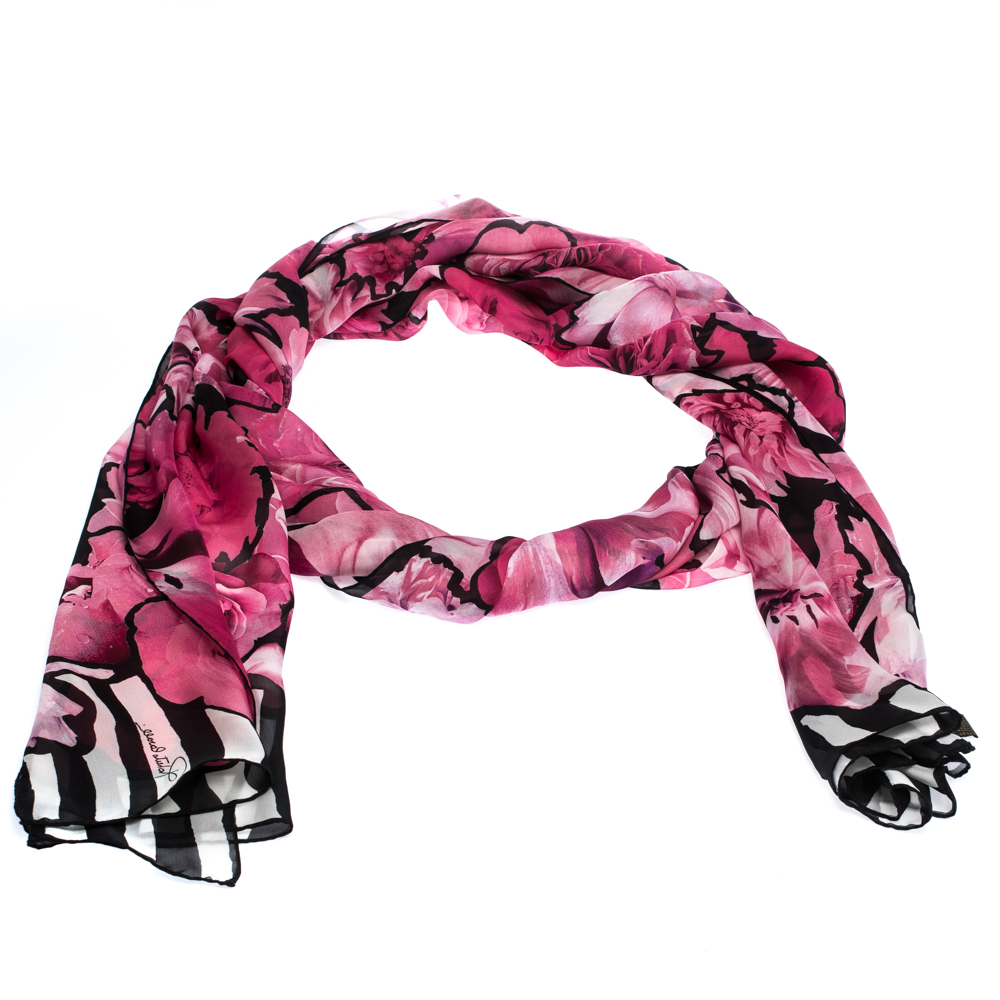 Roberto Cavalli Black & Pink Striped Floral Print Silk Scarf