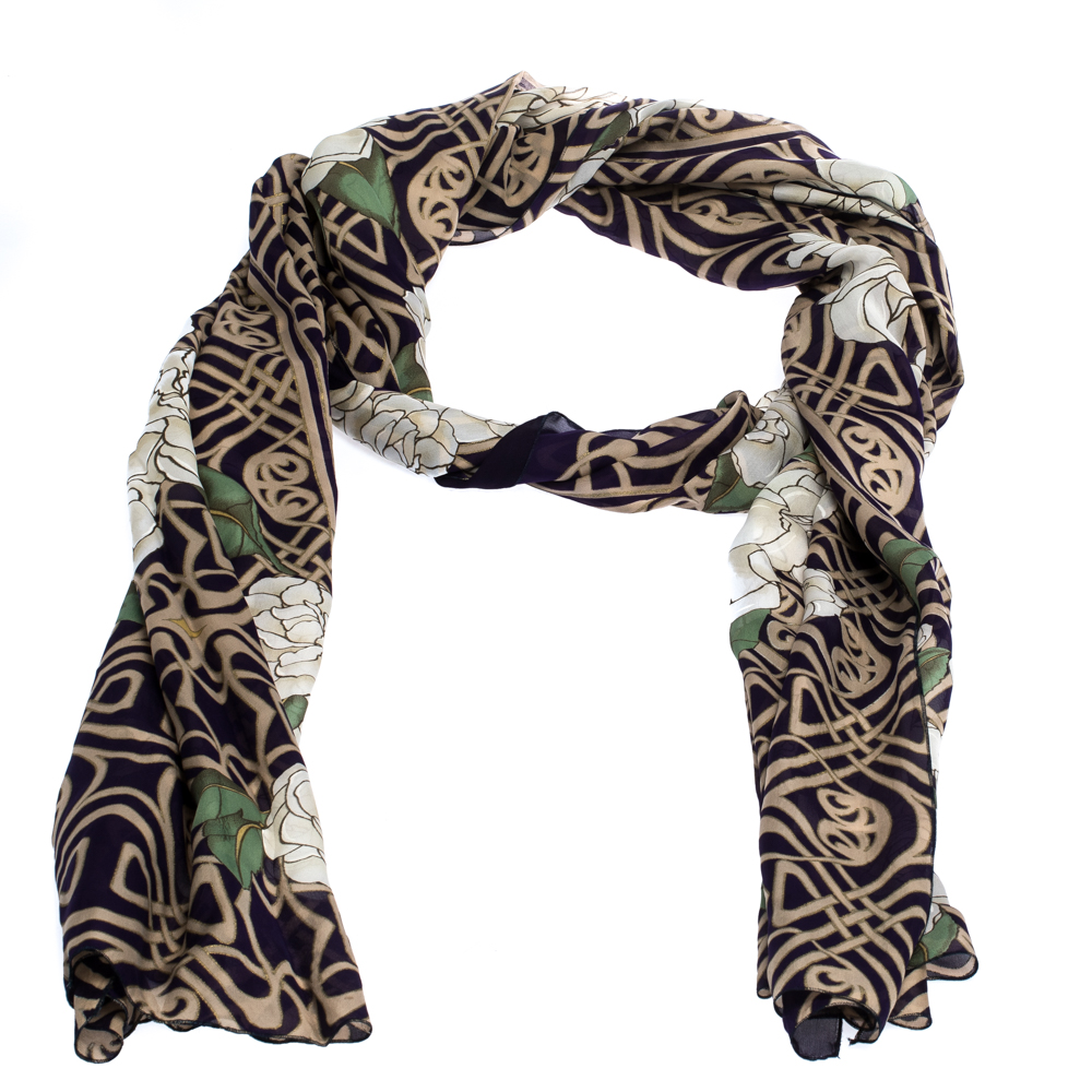 

Roberto Cavalli Navy Blue Graphic Floral Print Silk Scarf