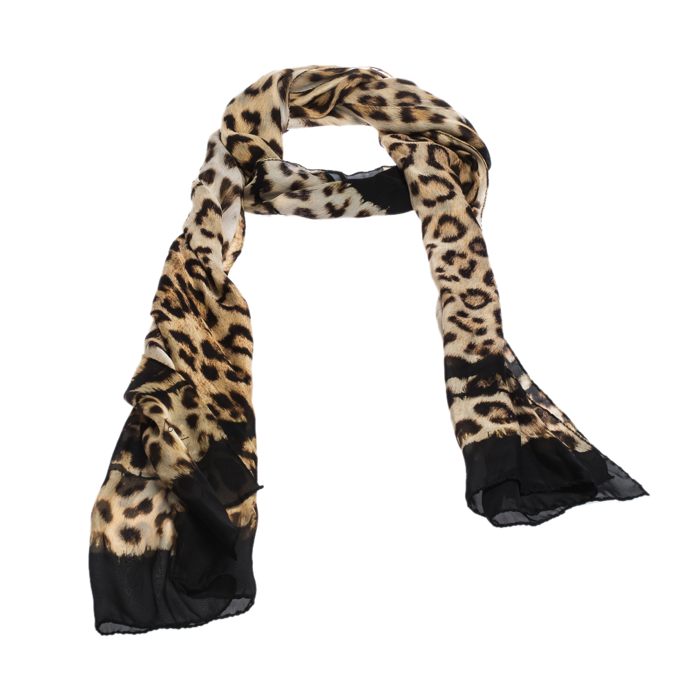

Roberto Cavalli Black & Brown Leopard Printed Silk Scarf