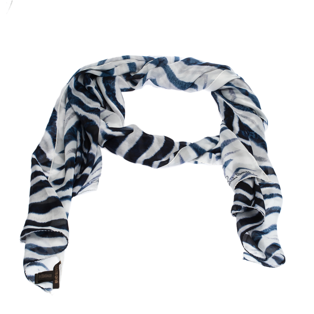 Pre Owned وشاح روبرتو كافالي طباعة النمر أزرق وأبيض