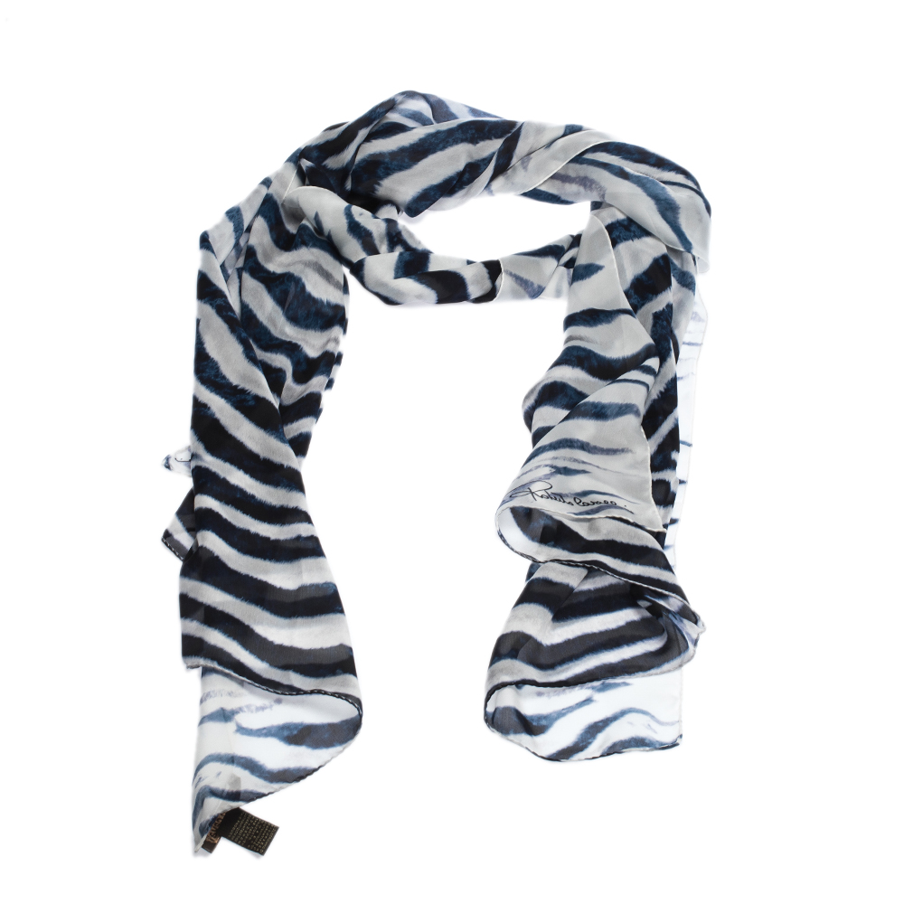 

Roberto Cavalli Blue & White Tiger Printed Silk Scarf