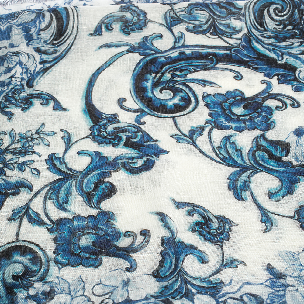 

Roberto Cavalli White & Blue Floral Print Linen Giant Scarf