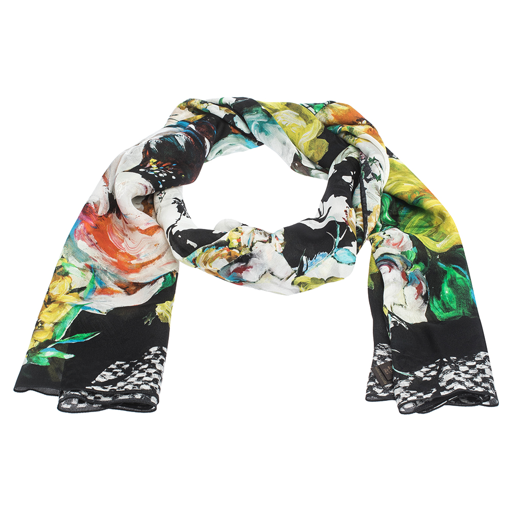 Roberto Cavalli Multicolor Abstract Floral Print Silk Stole