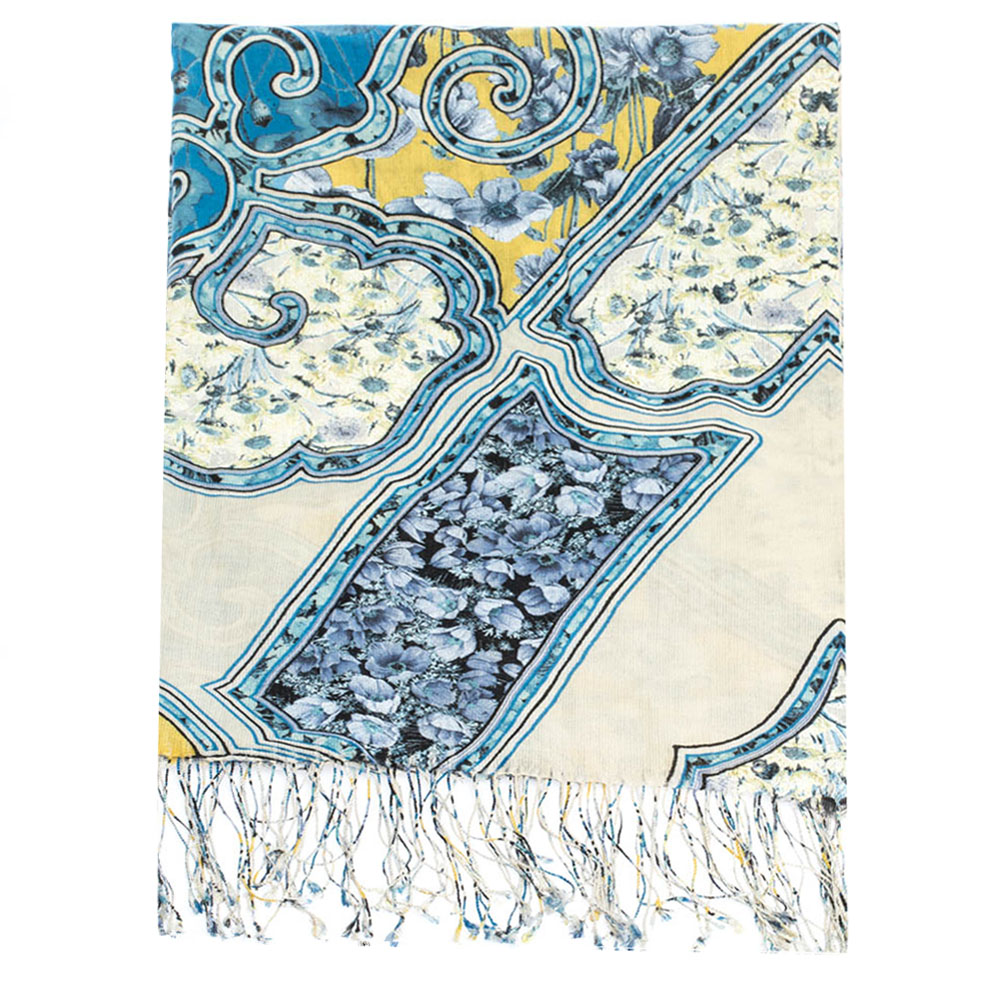 

Roberto Cavalli Blue Floral Printed Cashmere Blend Fringed Scarf
