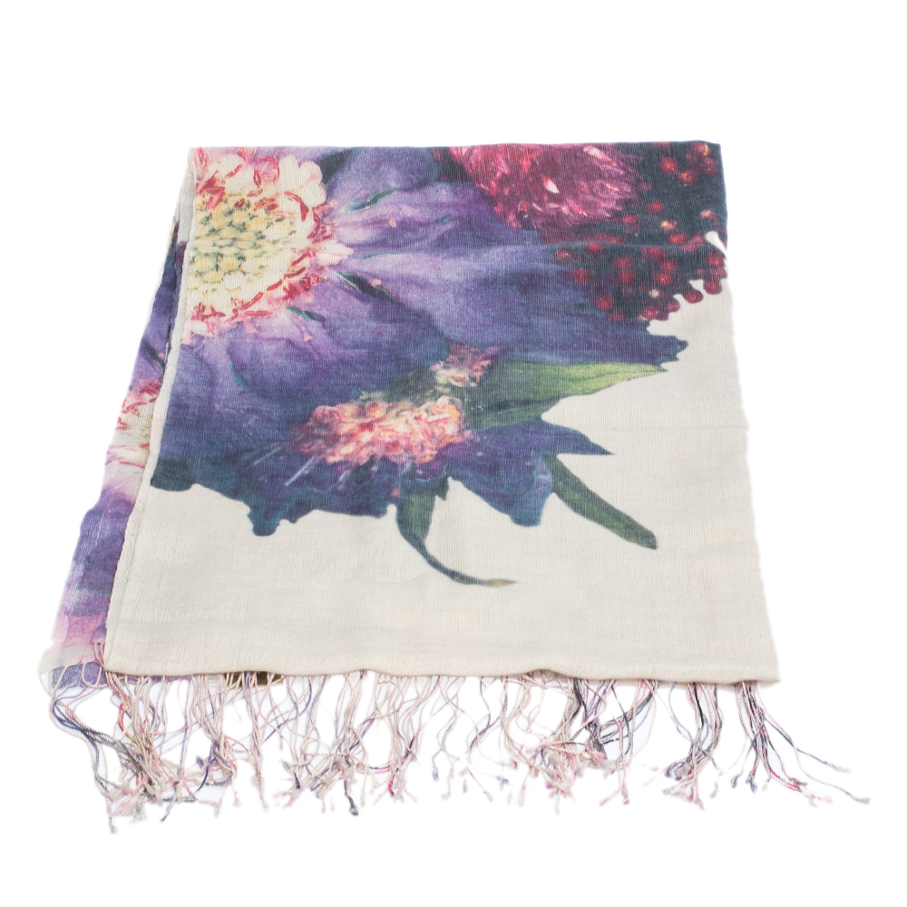 

Roberto Cavalli Mauve Floral Print Cashmere Blend Fringed Scarf, Purple