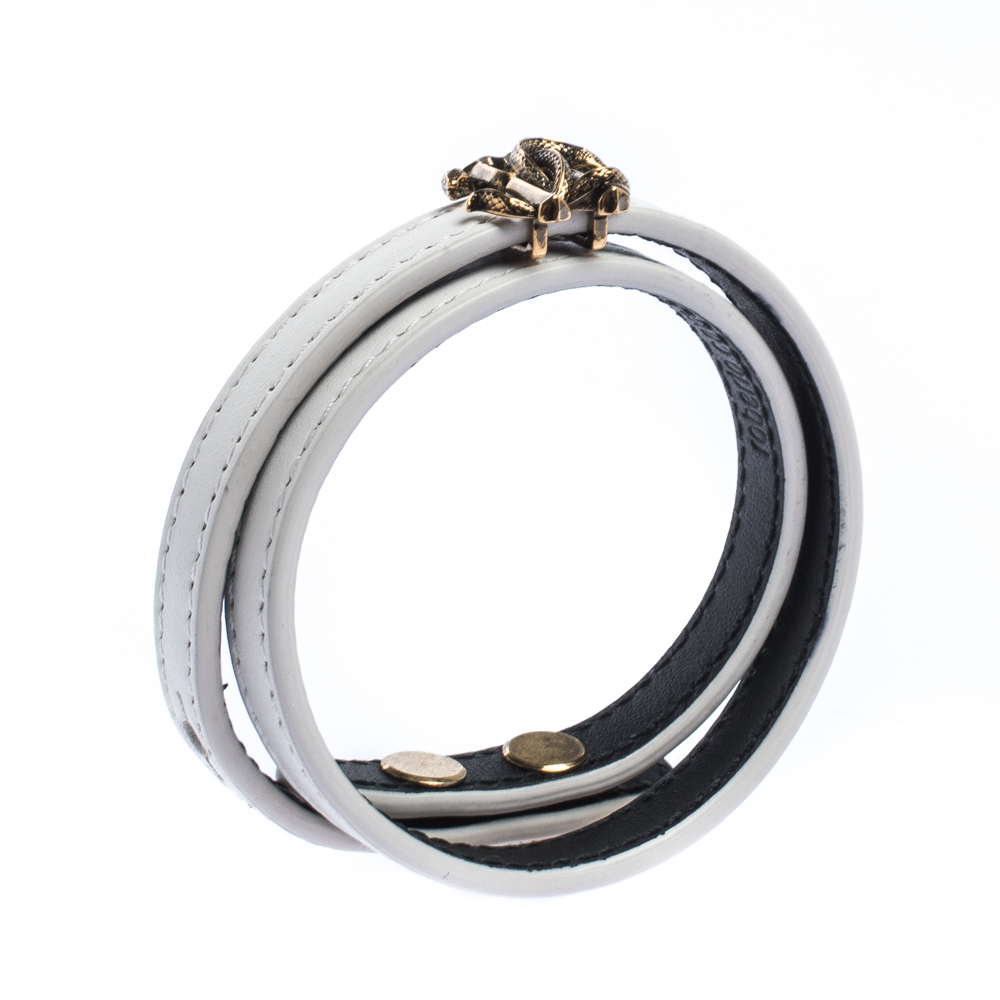 

Roberto Cavalli White Leather Mirror Snake Logo Double Wrap Bracelet