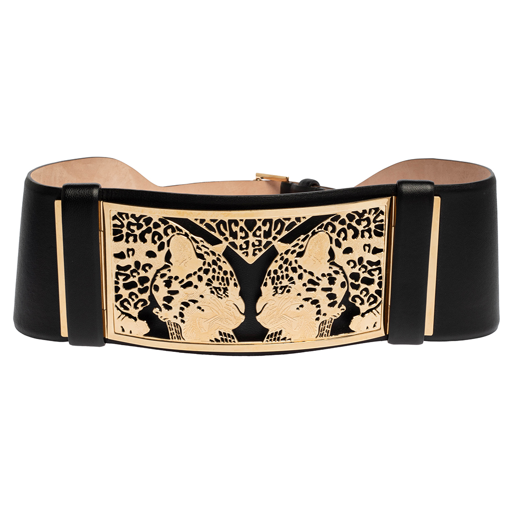 

Roberto Cavalli Black Leather Tiger Metal Plague Waist Belt