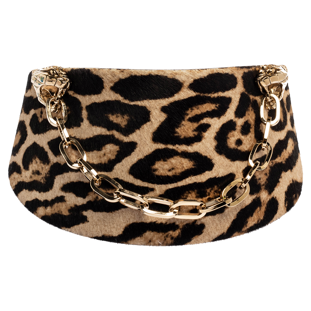 

Roberto Cavalli Brown Leopard Print Calfhair Snake Head Chain Waist Belt