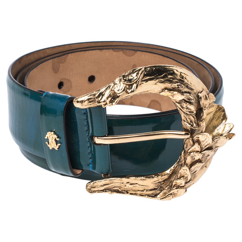 

Roberto Cavalli Dark Teal Patent Leather Buckle Belt, Green