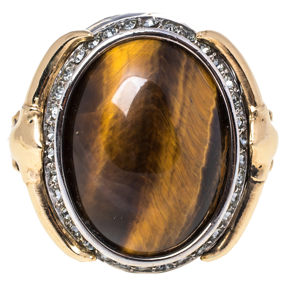 

Roberto Cavalli Tiger's Eye Enamel Crystal Gold Tone Adjustable Cocktail Ring Size, Multicolor