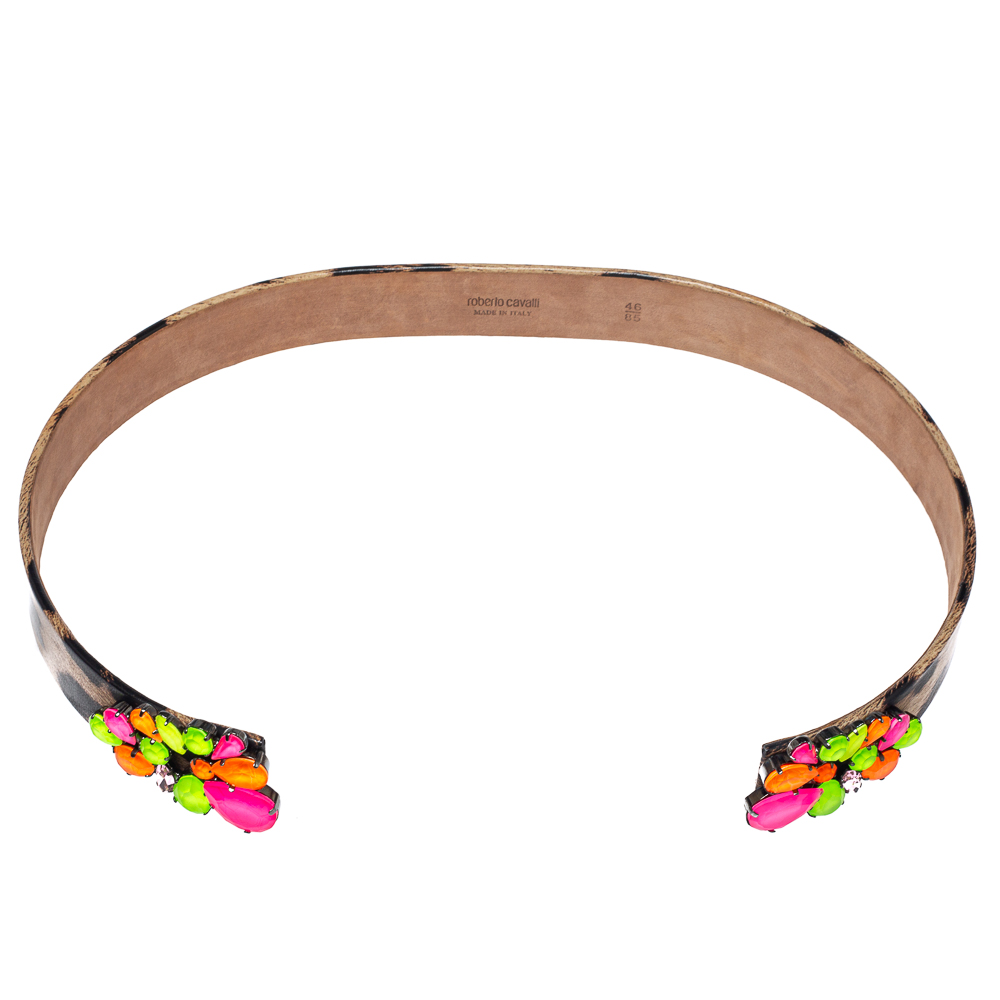 

Roberto Cavalli Animal Print Leather and Multicolor Jewel Embellished Open Cuff Belt