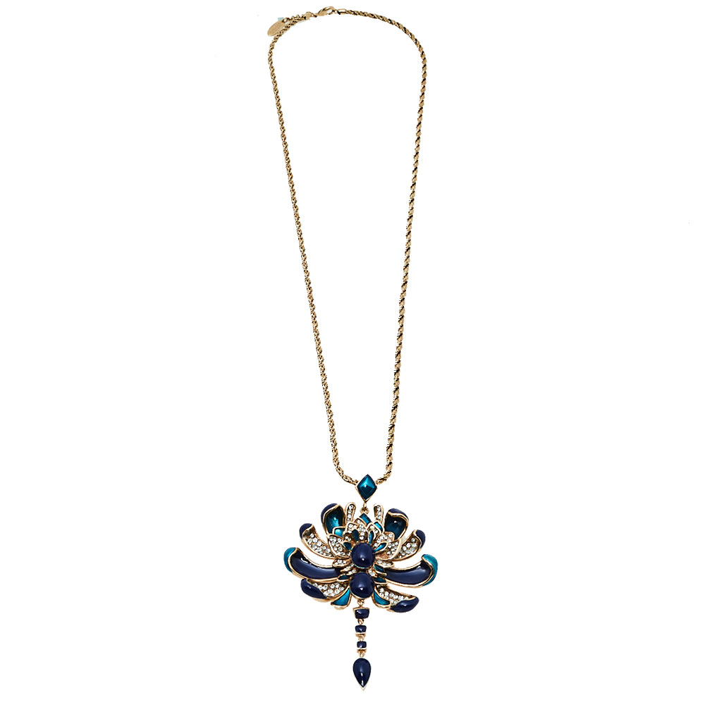 

Roberto Cavalli Blue Floral Crystal Pendant Chain Necklace, Gold