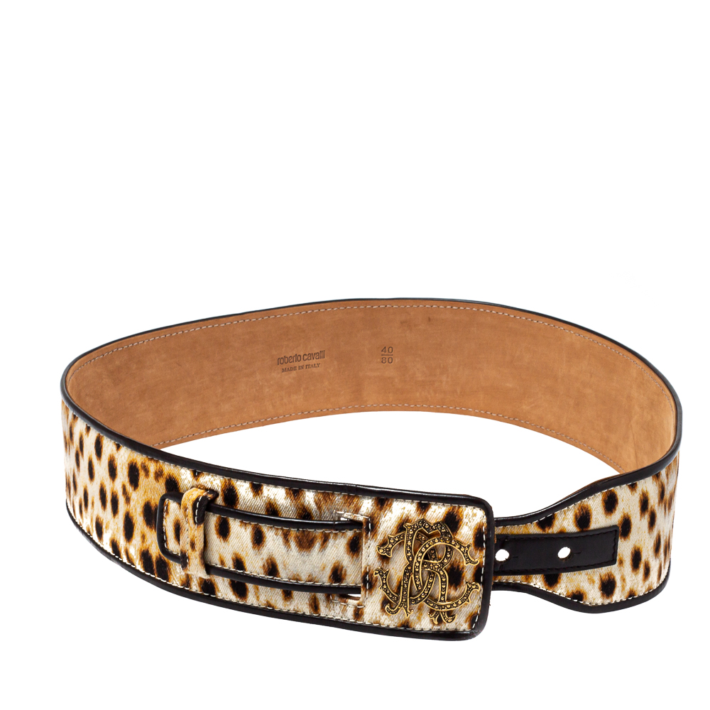 Pre-owned Roberto Cavalli Brown Leopard Print Canvas And Leather Waist Belt 80 Cm