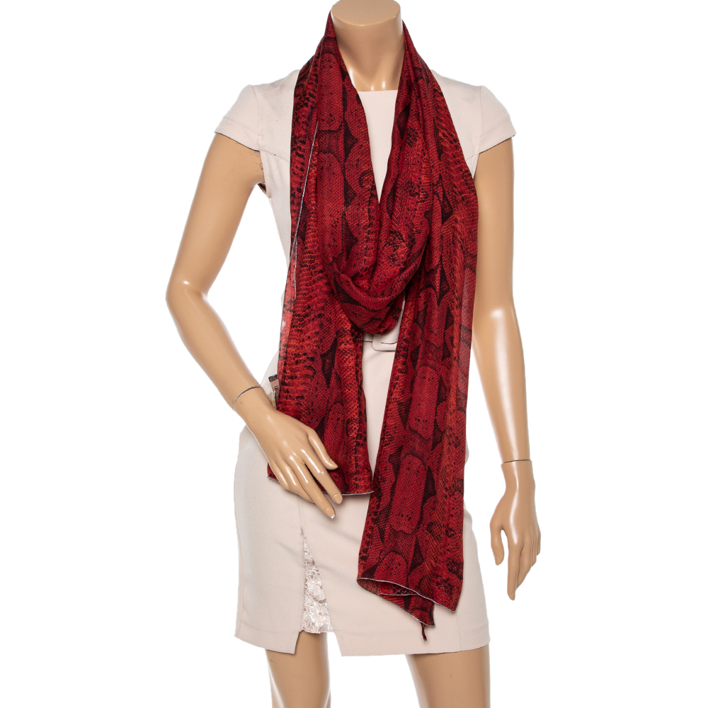 

Roberto Cavalli Red Snakeskin Print Silk Stole