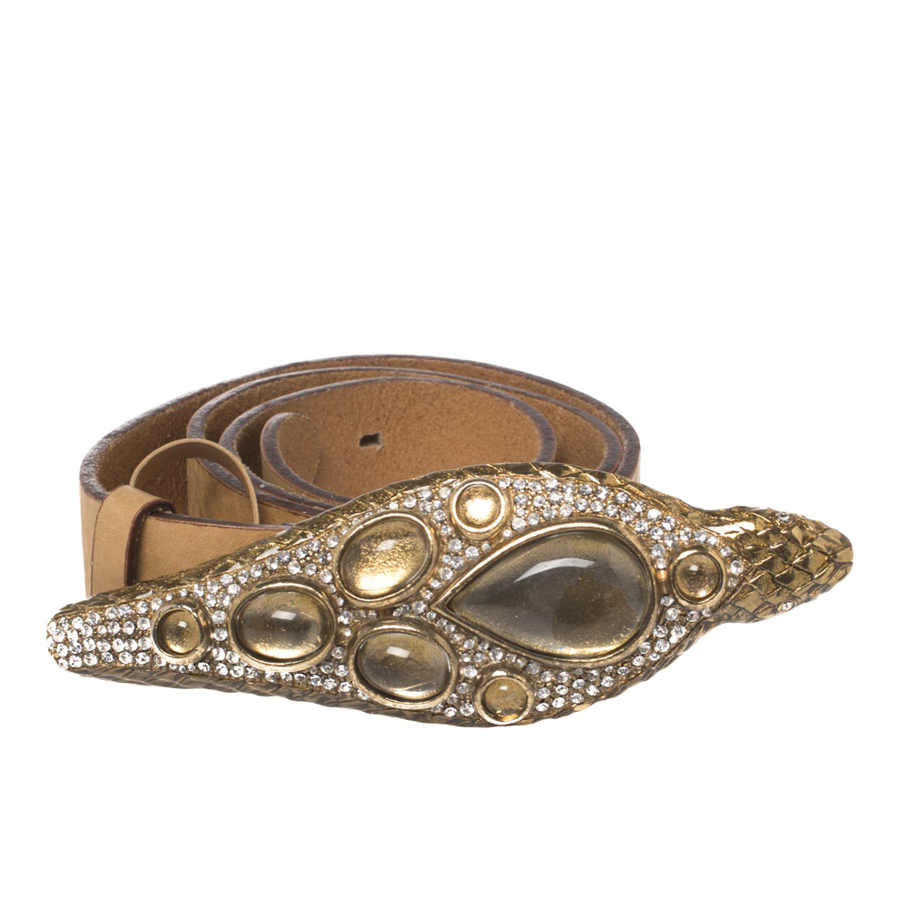 

Roberto Cavalli Light Brown Leather Snake Head Crystal Embellished Buckle Waist Belt