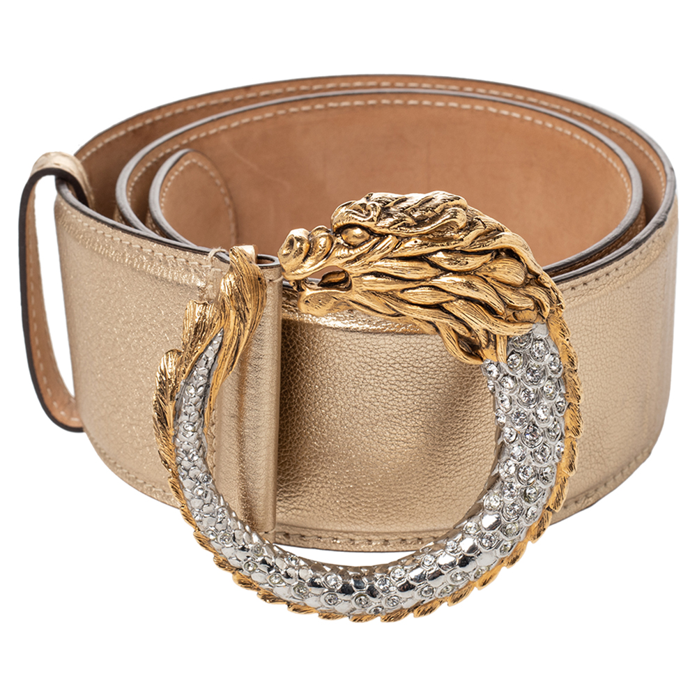 

Roberto Cavalli Gold Leather Dragon Buckle Belt