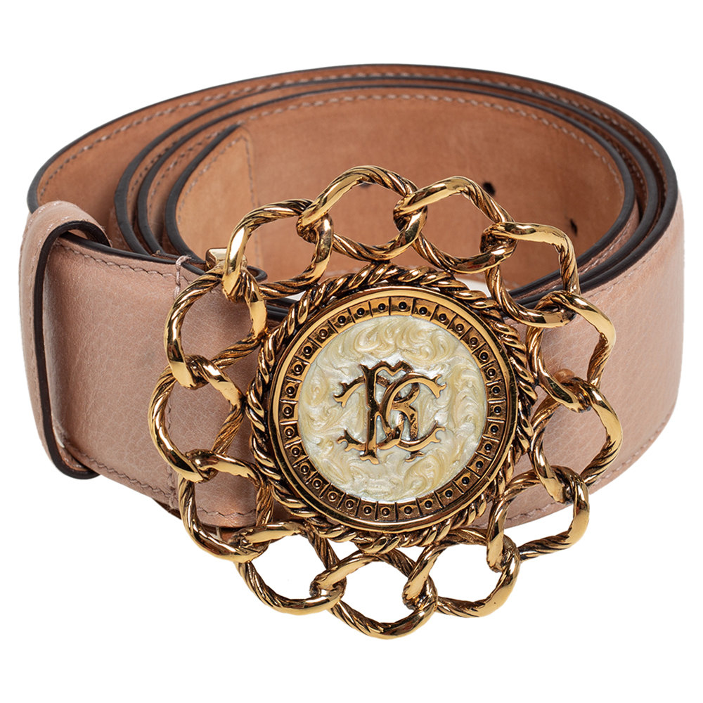 

Roberto Cavalli Metallic Beige Leather MOP Chain Buckle Belt