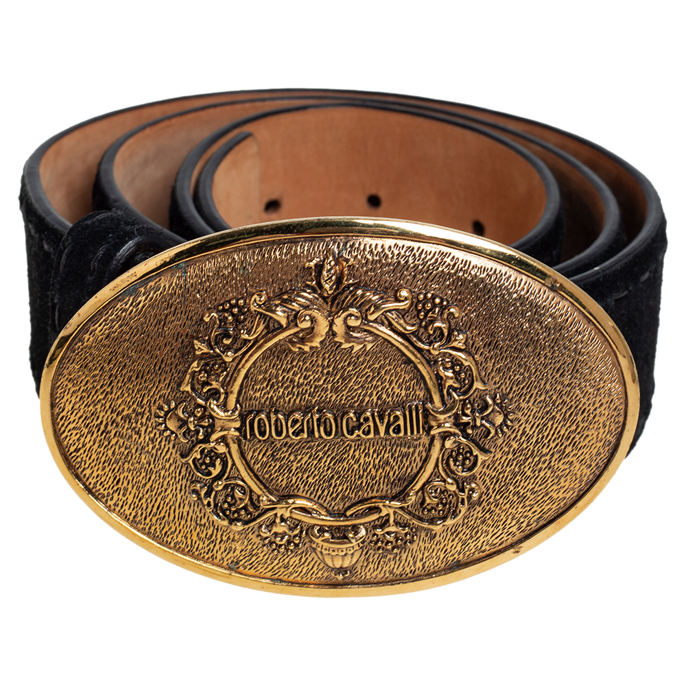 

Roberto Cavalli Black Suede Plaque Buckle Belt