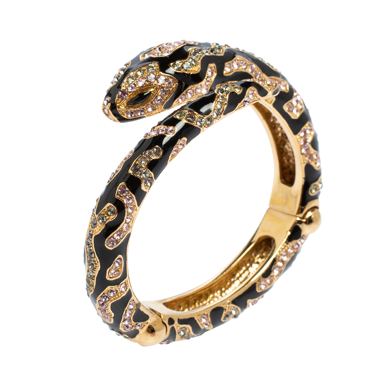 

Roberto Cavalli Snake Head Crystal Enamel Gold Tone Open Cuff Bracelet