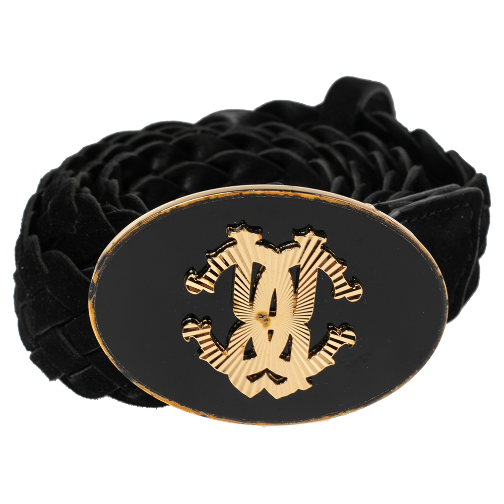 

Roberto Cavalli Black Suede and Leather Braided Logo Oval Buckle Belt