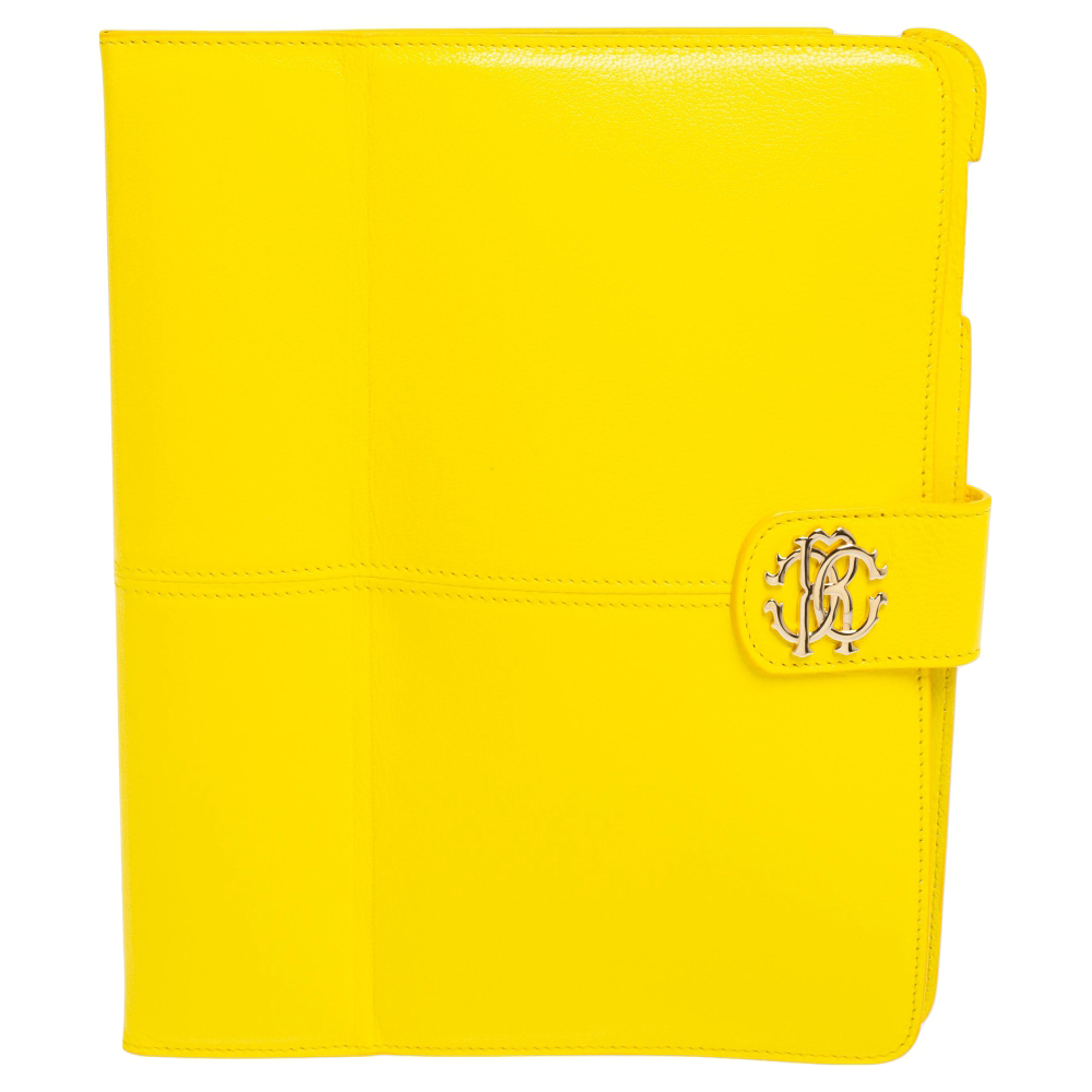 Pre-owned Roberto Cavalli Yellow Leather Logo Buckle Detail Tablet Case