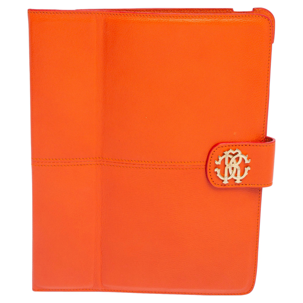 Pre-owned Roberto Cavalli Orange Leather Logo Buckle Detail Tablet Case