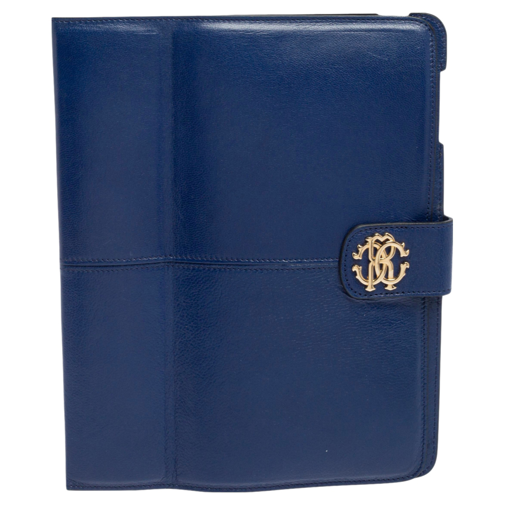 Pre-owned Roberto Cavalli Blue Leather Logo Buckle Detail Tablet Case