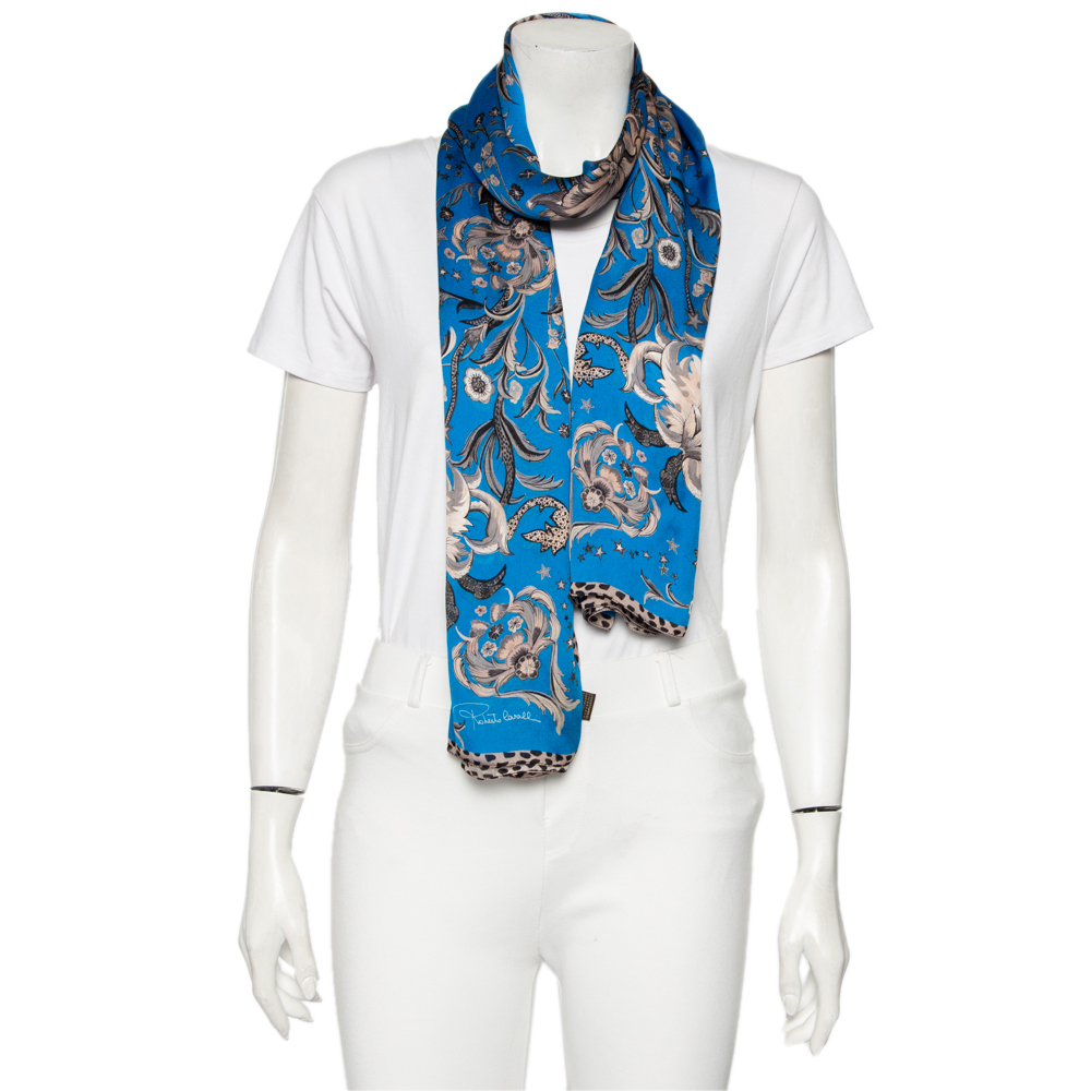

Roberto Cavalli Blue Floral Logo Print Silk Scarf