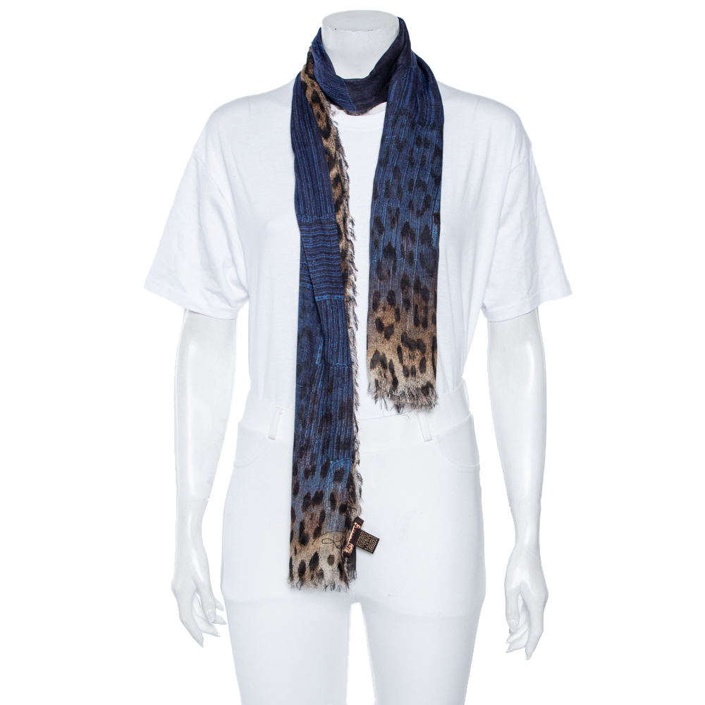 

Roberto Cavalli Blue Leopard Print Modal And Cashmere Scarf