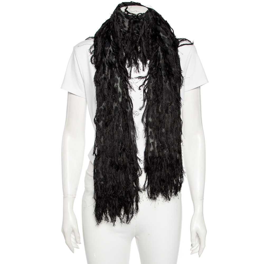 

Roberto Cavalli Black Leopard Print Silk Fringed Scarf