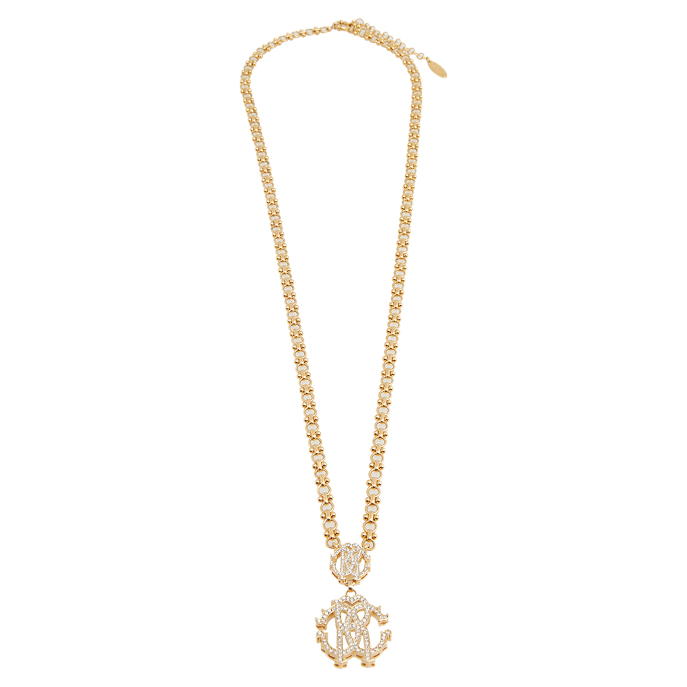 

Roberto Cavalli Gold Tone Crystal Logo Pendant Necklace